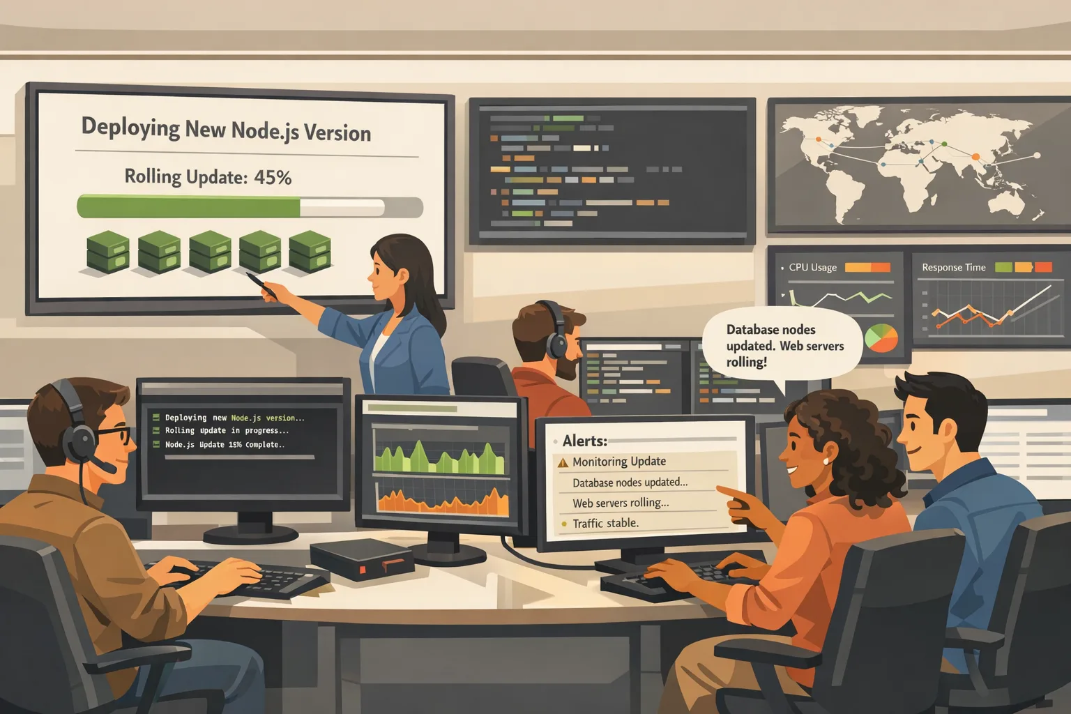 Engineering team coordinating a rolling Node.js security update