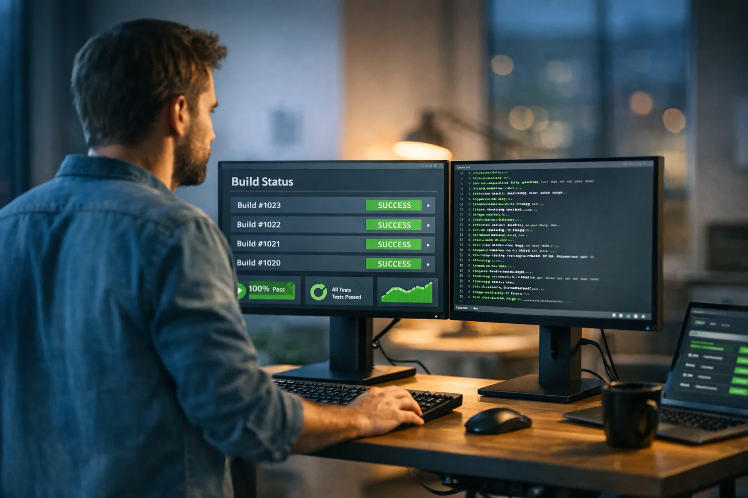 Engineer reviewing CI dashboards for Node.js updates