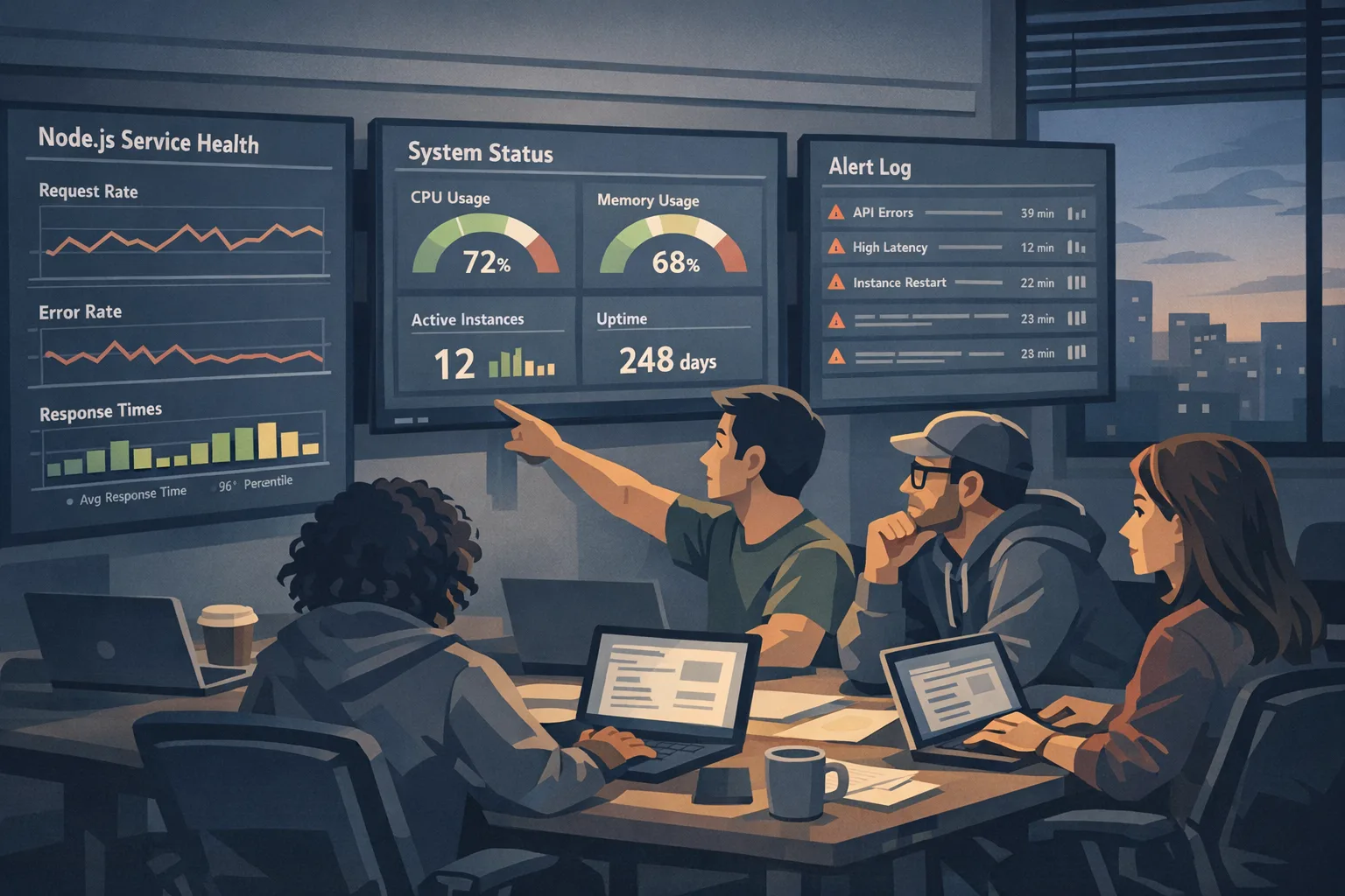 Engineering team reviewing Node.js production health metrics during a security rollout
