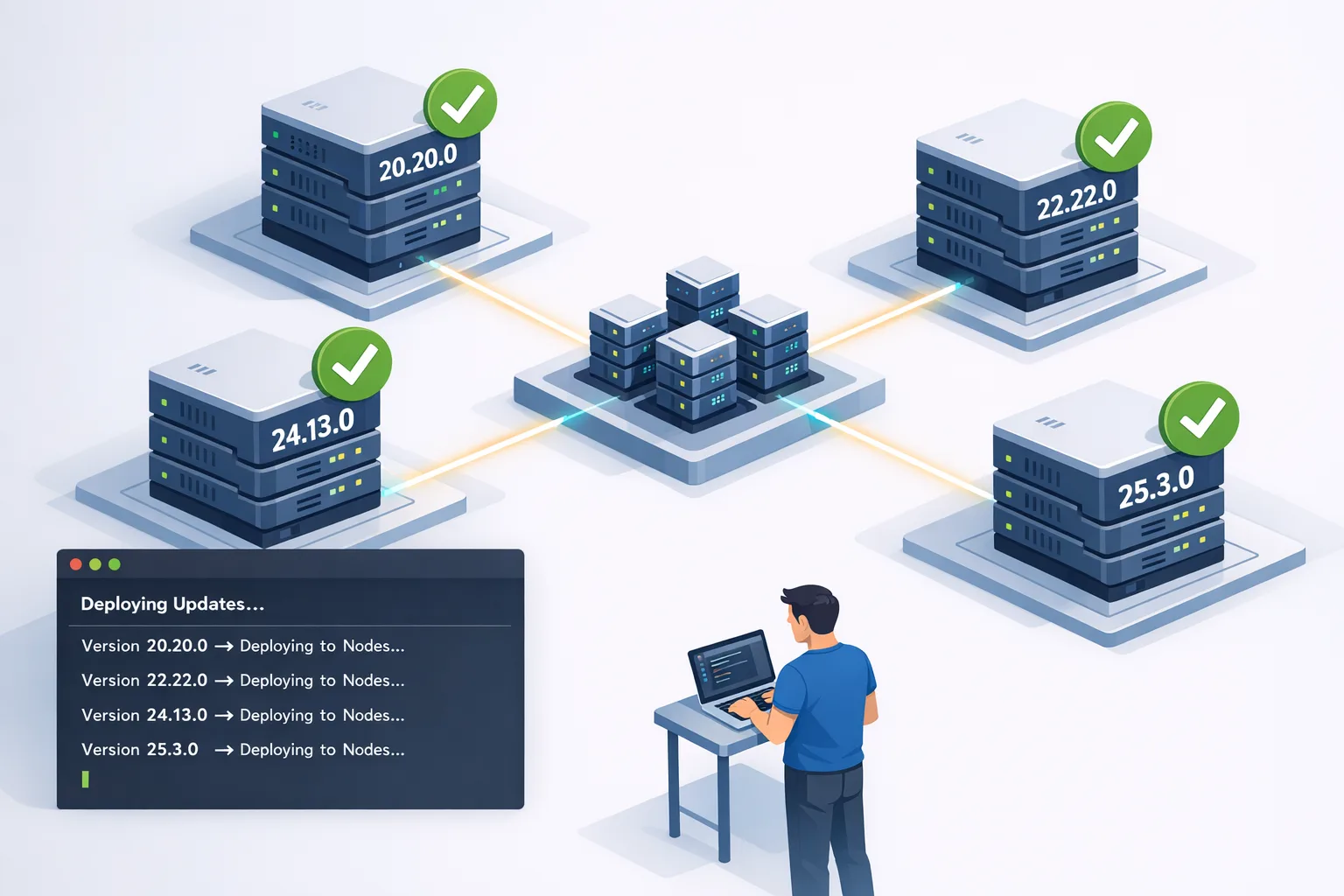 Deploying Node.js 20.20.0, 22.22.0, 24.13.0, 25.3.0 across servers