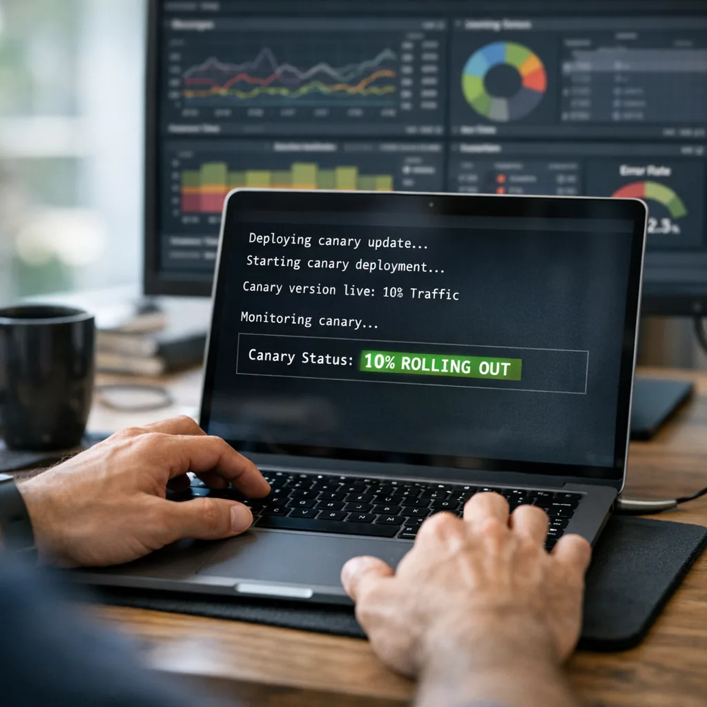 Developer shipping a canary deployment with dashboards