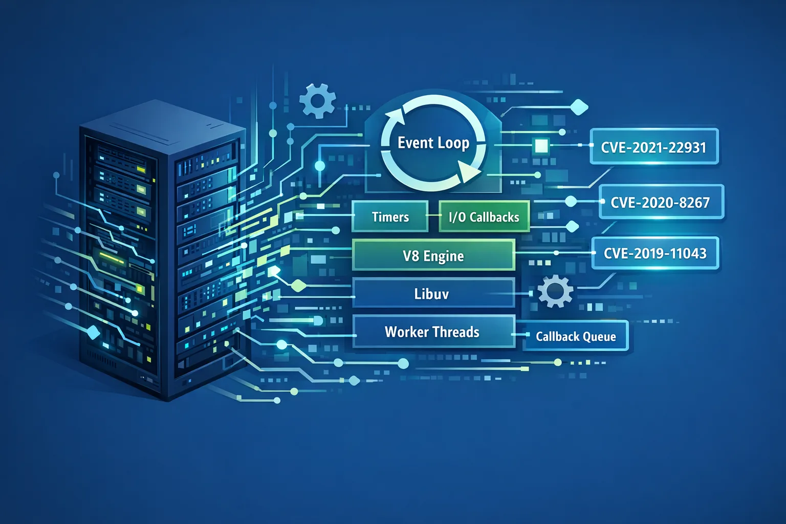 Illustration of Node.js processes and CVE patches
