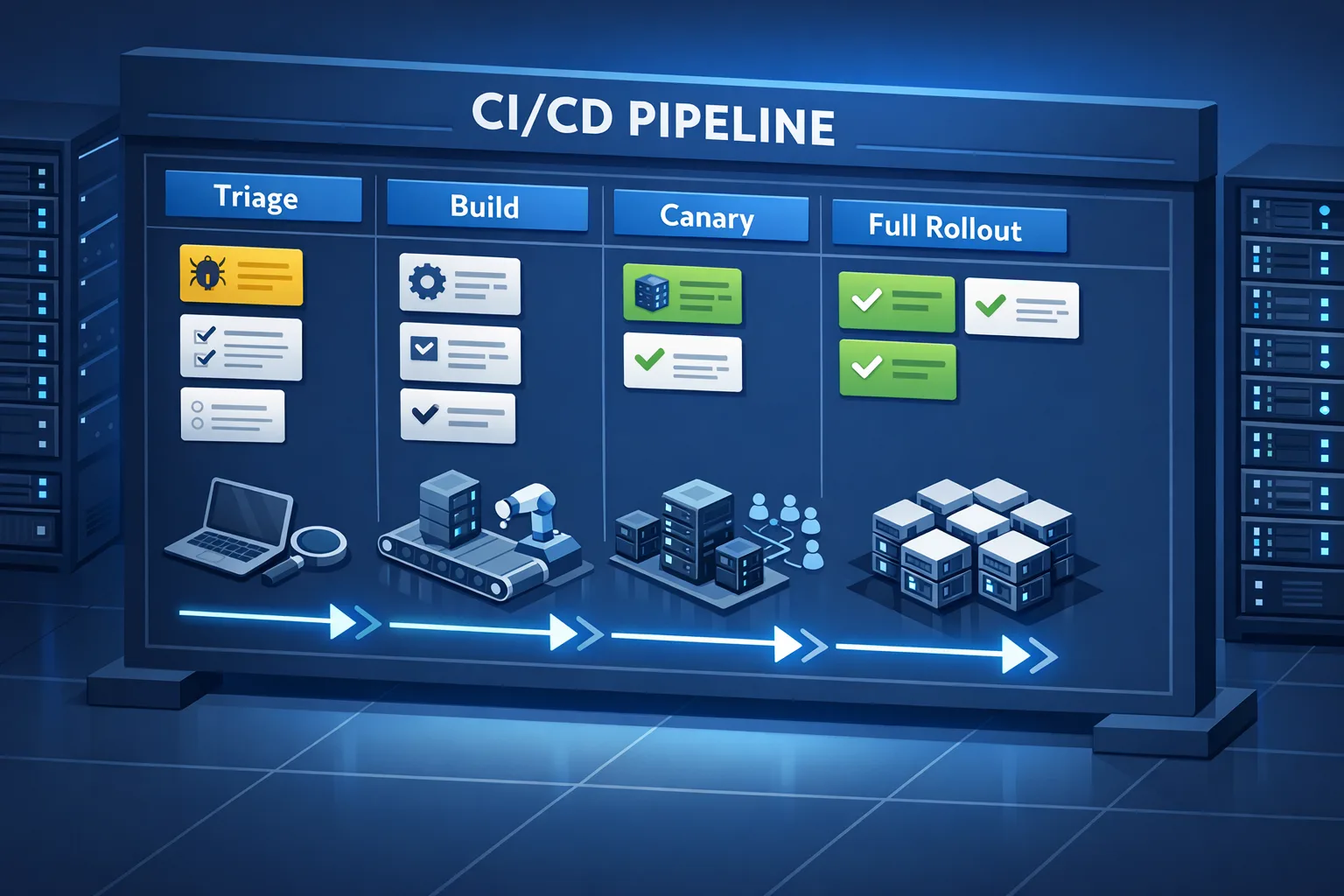 Illustration of a step-by-step CI/CD security patch pipeline