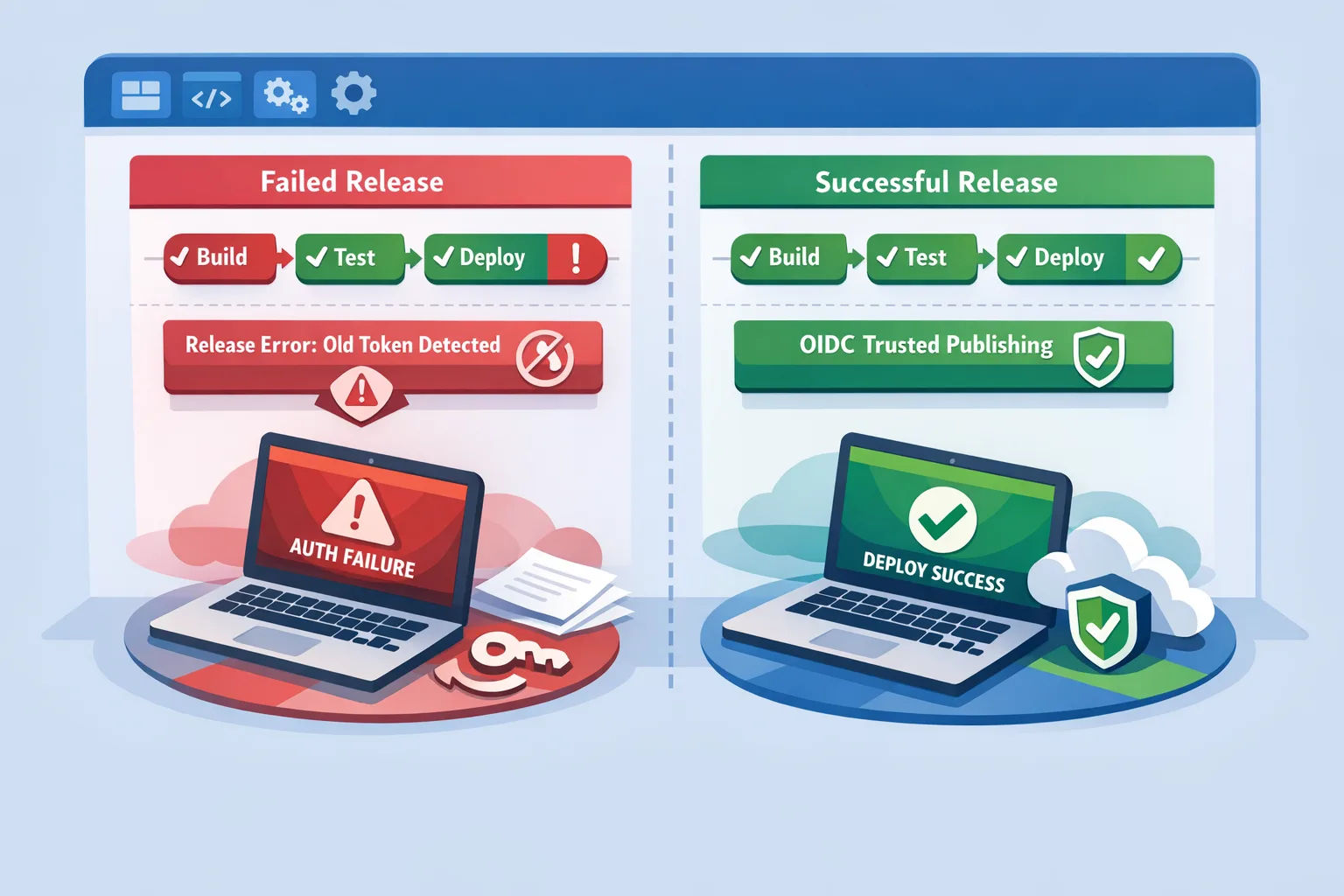 Before-and-after CI pipeline: broken token vs. OIDC trusted publishing