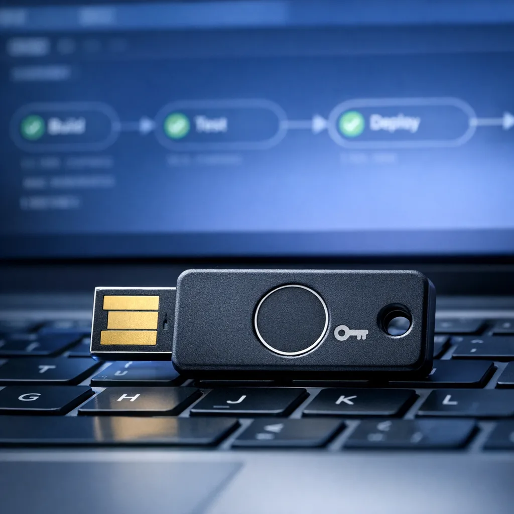 Passkey on keyboard representing strong 2FA for maintainers