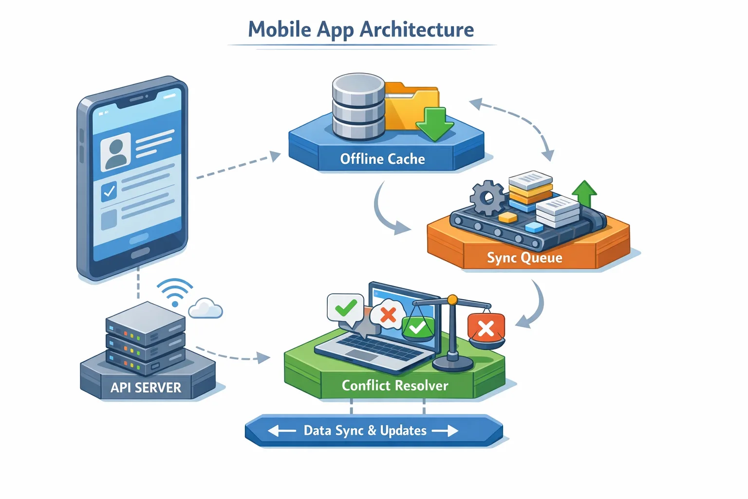 Offline-first architecture diagram with cache and sync queue