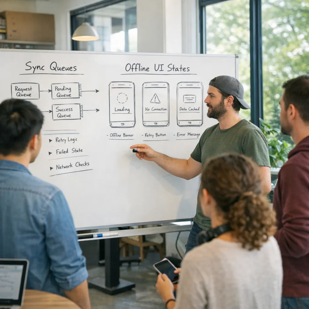 Team reviewing offline sync plan on a whiteboard