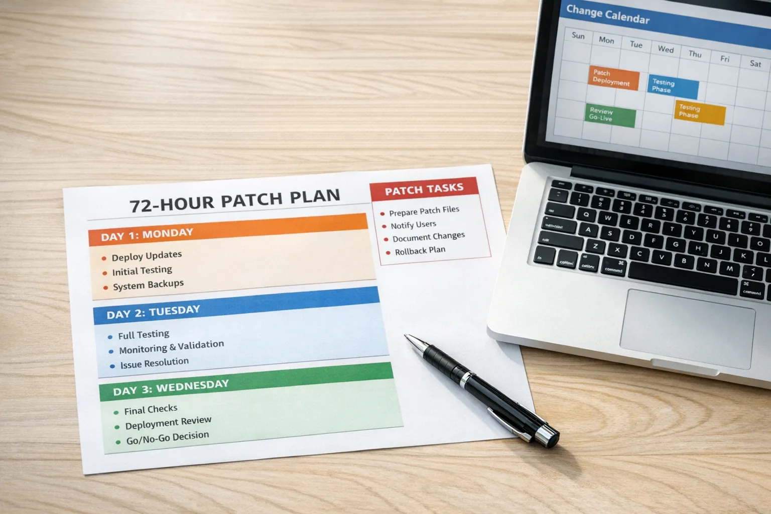 Printed 72-hour patch checklist next to a laptop showing a change calendar