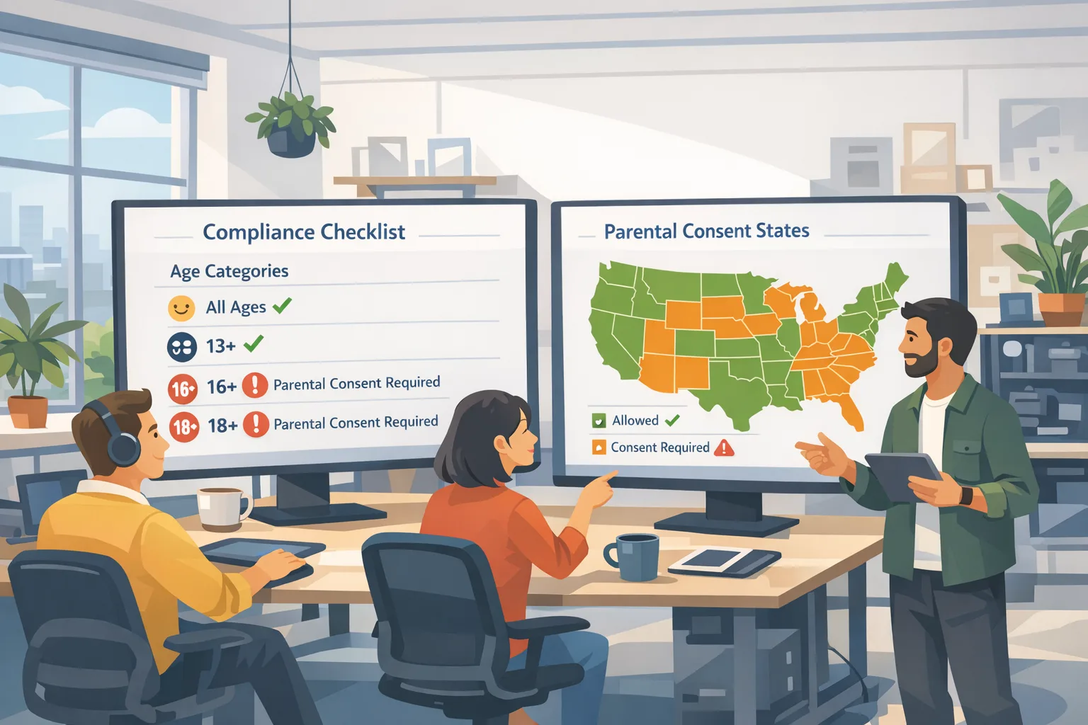 Design team reviewing an age-verification compliance checklist