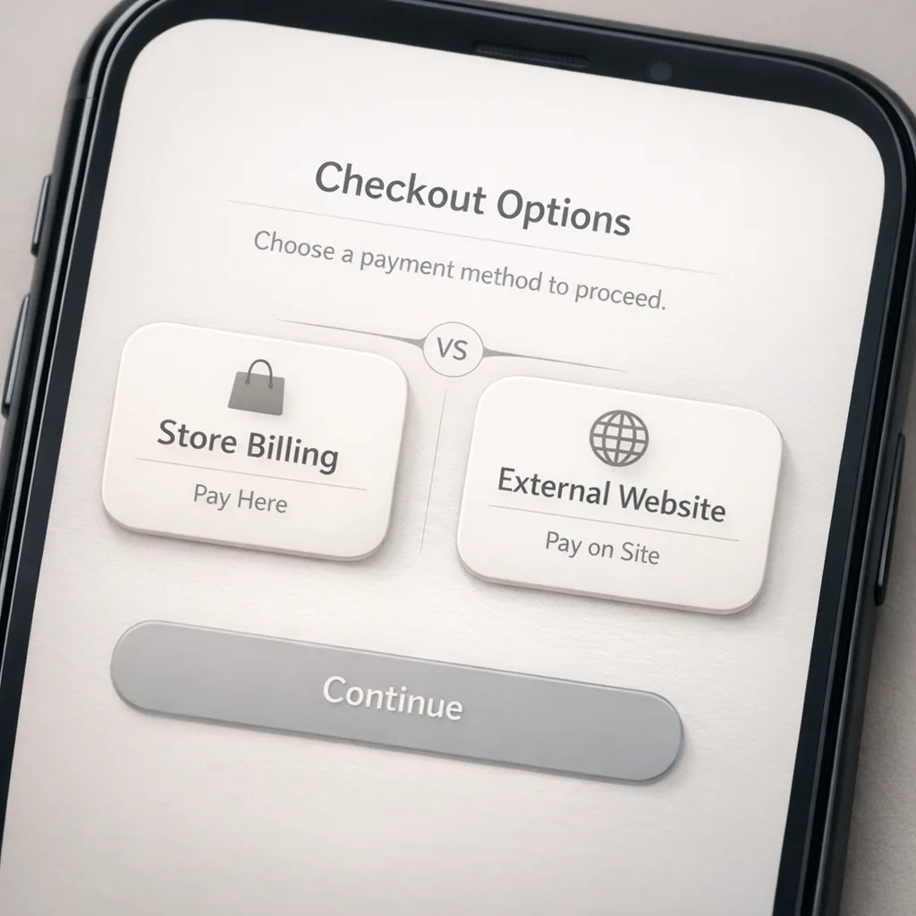 Checkout flow split between platform billing and external web
