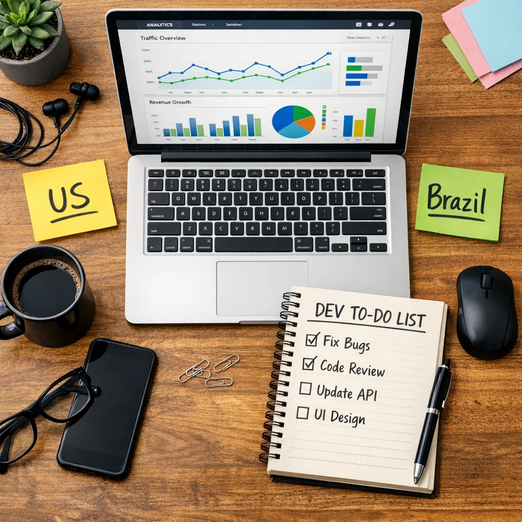 Developer desk with Q1 2026 checklist for U.S. and Brazil