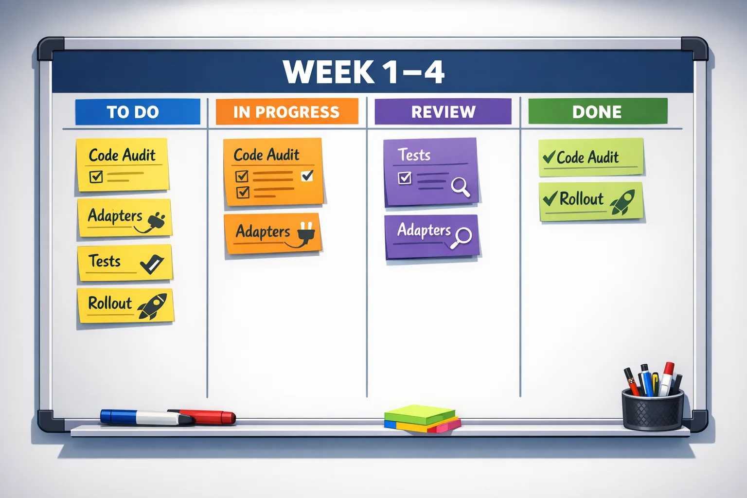Four-week React 19 migration kanban board