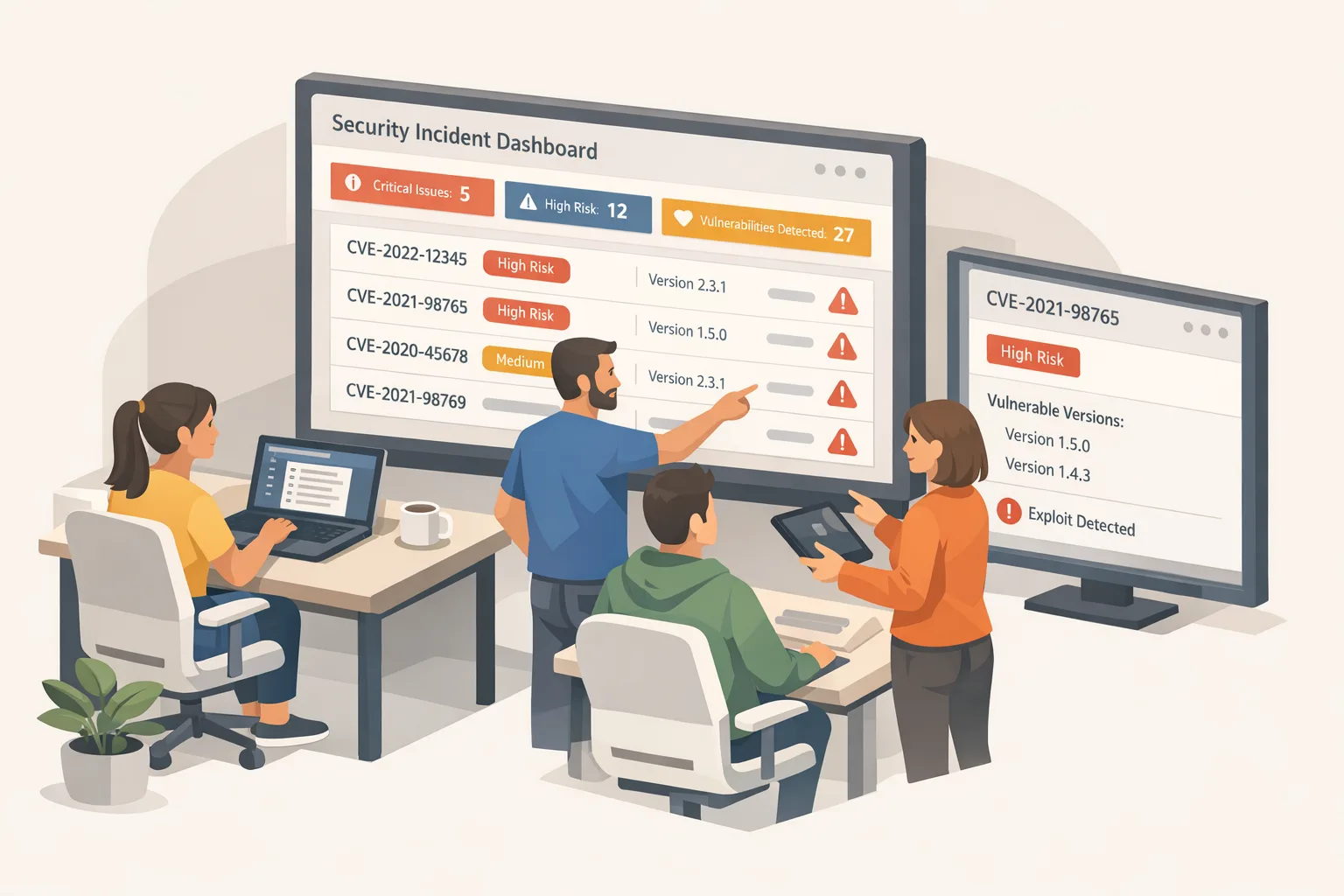 Team reviewing security advisories and version numbers in a dashboard