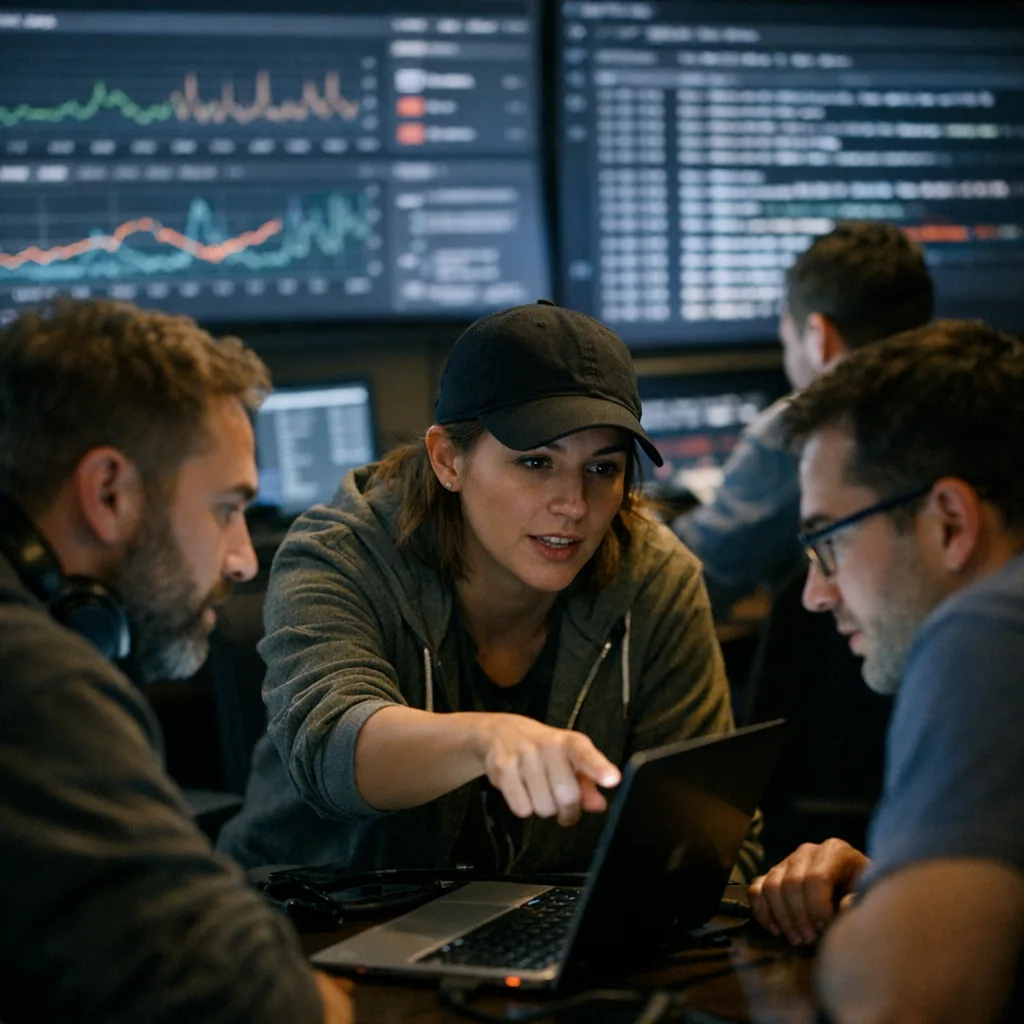 SRE team reviewing dashboards during an incident response