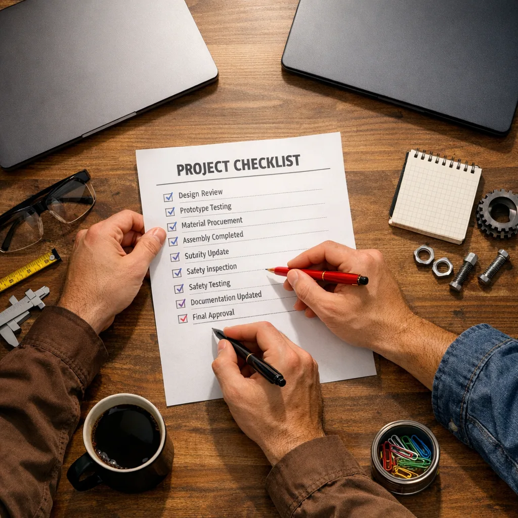 Engineers completing a security hardening checklist