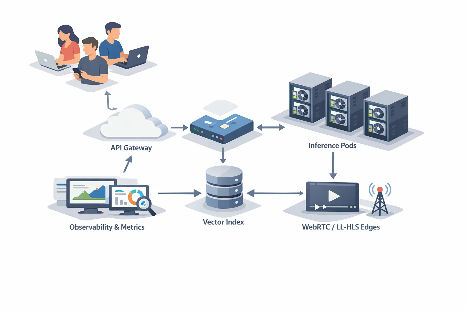 Illustration of a real-time video generation stack from client to inference to delivery