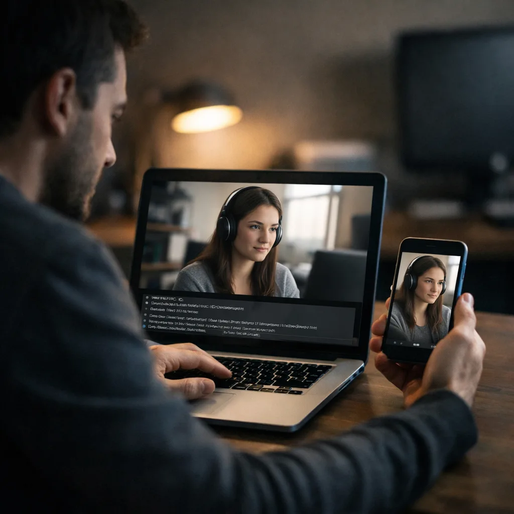Developer validating a low-latency WebRTC stream on multiple devices