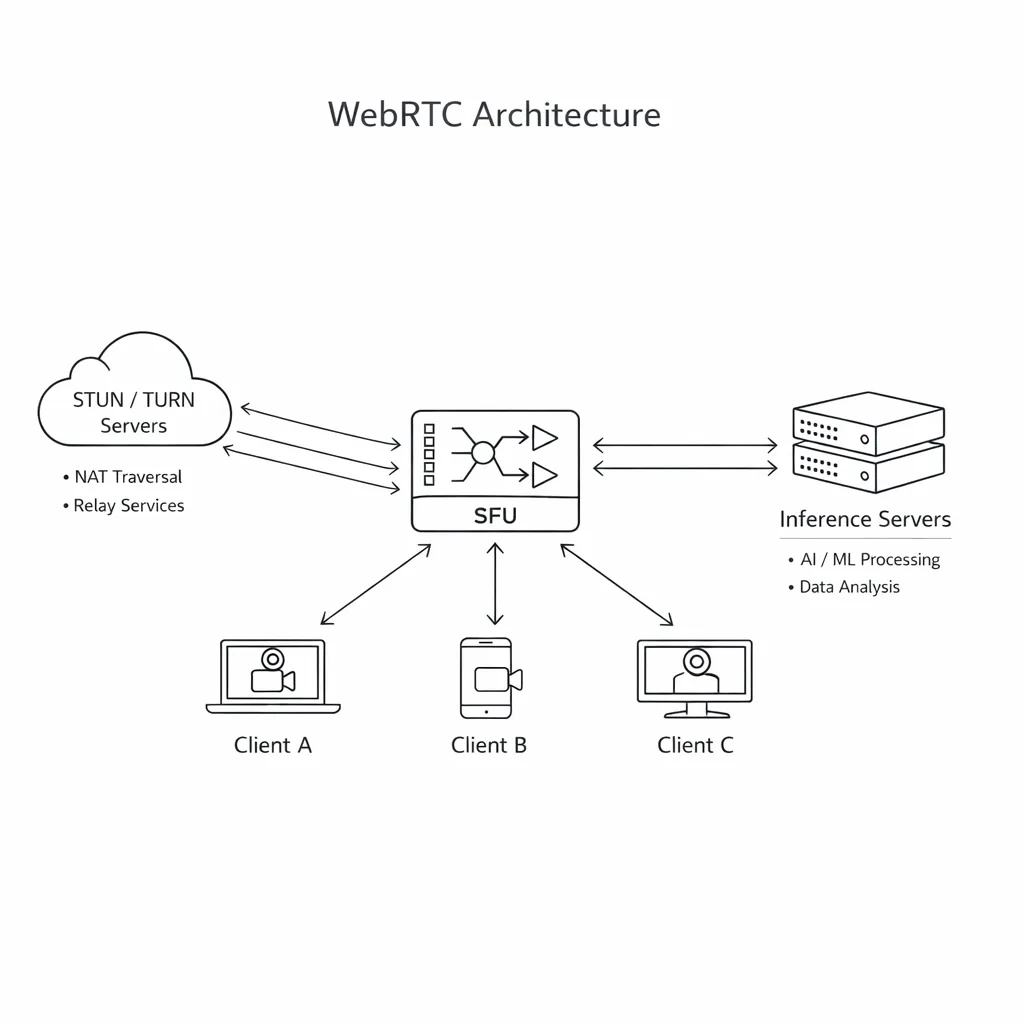 WebRTC architecture connecting inference servers, SFU, and clients