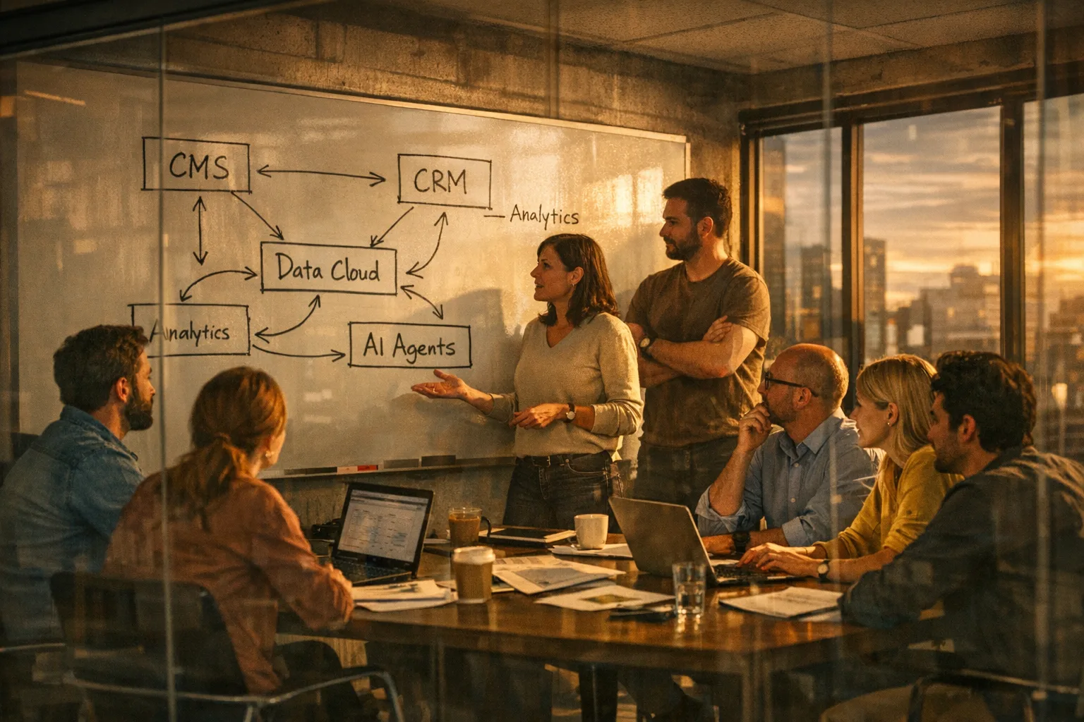 Product and engineering team mapping content and CRM data flows on whiteboards