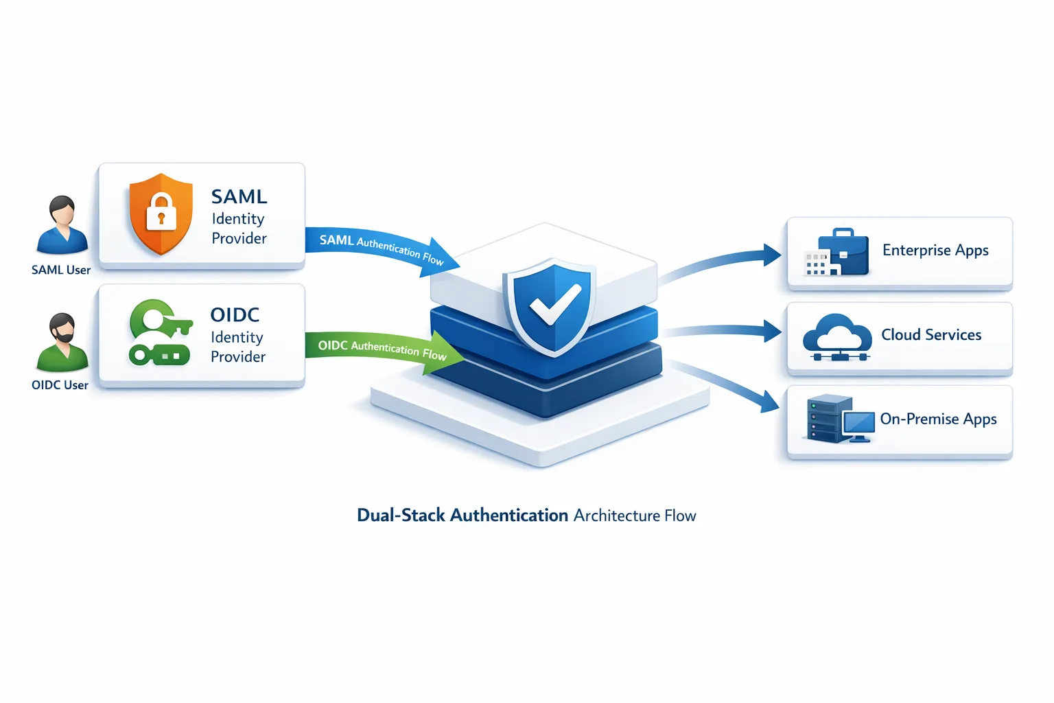 Diagram of dual-stack SAML and OIDC feeding a unified auth layer