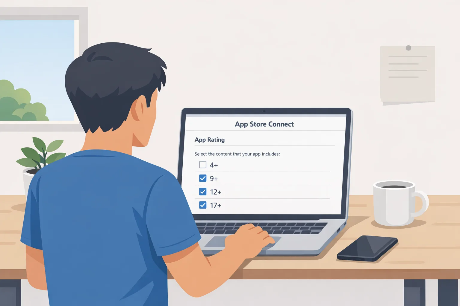Developer reviewing App Store Connect age rating settings on laptop