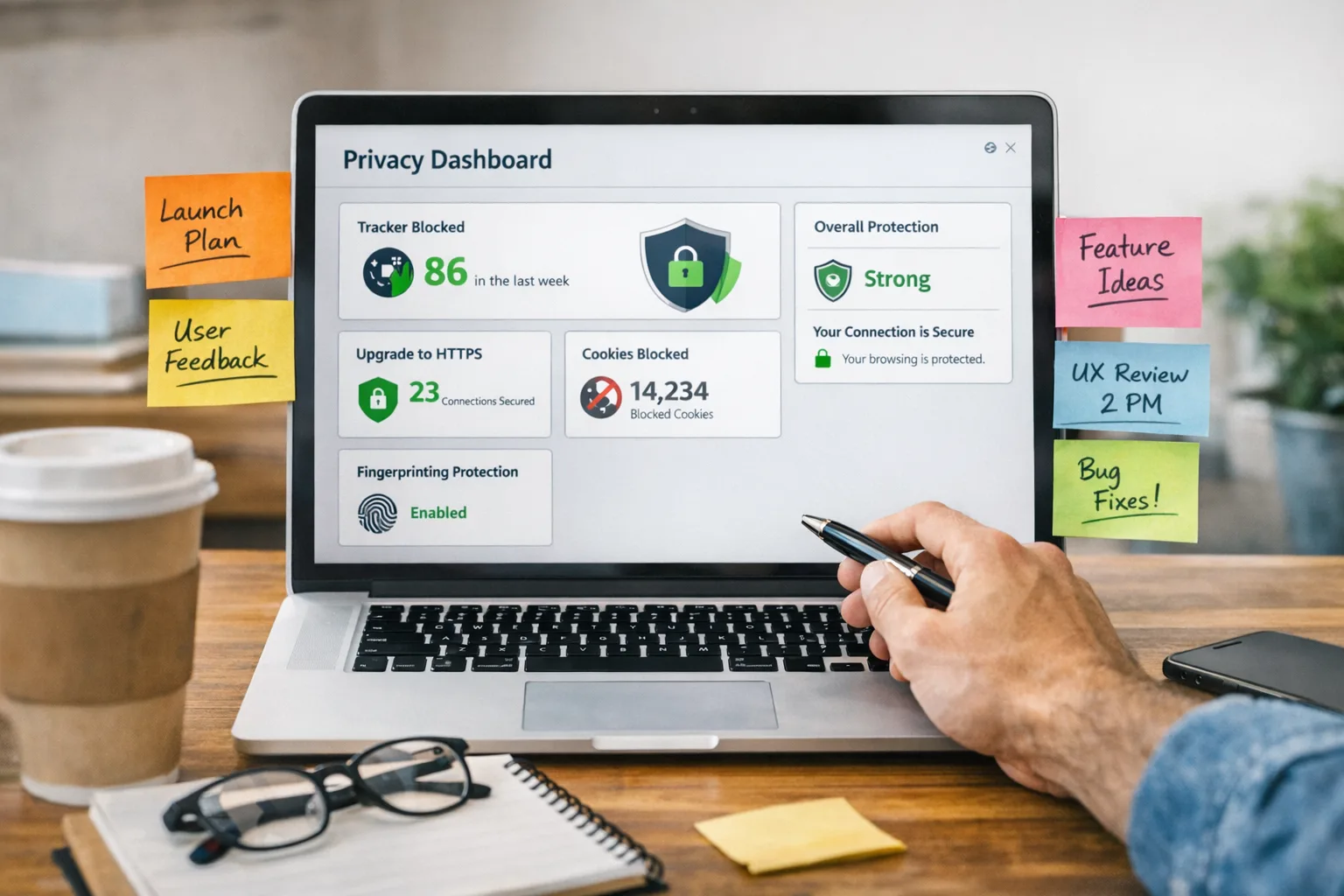 Product manager reviewing browser privacy and cookie settings on a laptop