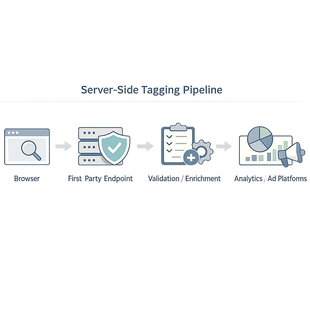 Diagram of a server-side tagging and attribution pipeline