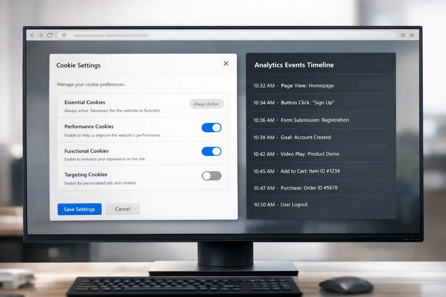 Browser cookie controls next to analytics timeline