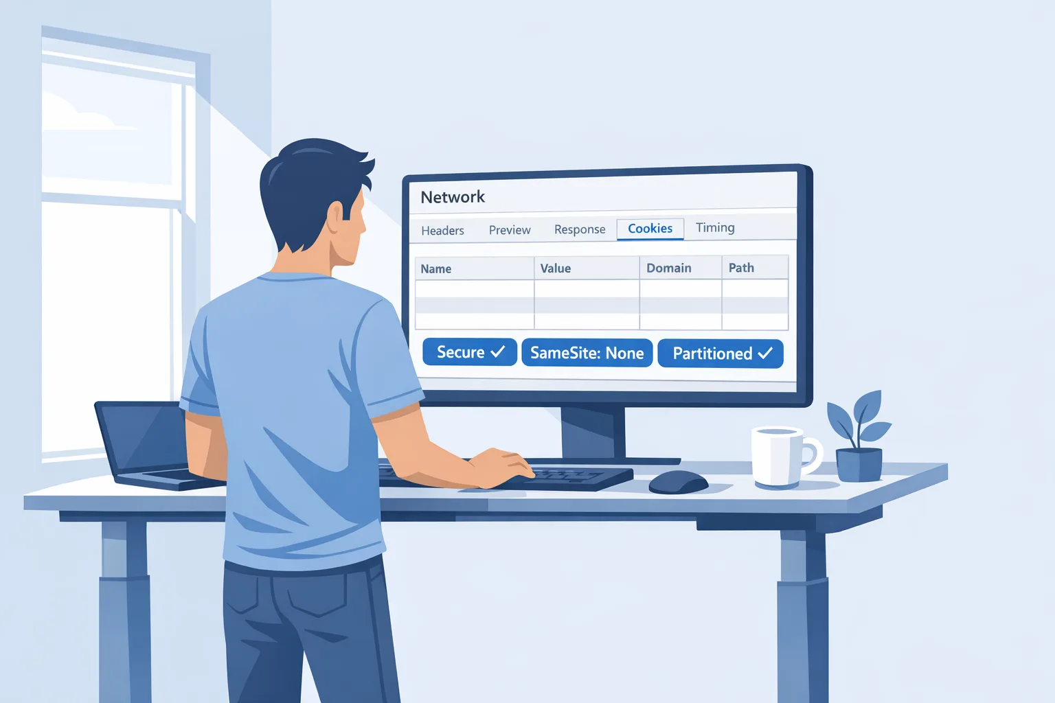 Developer reviewing cookie attributes in browser devtools