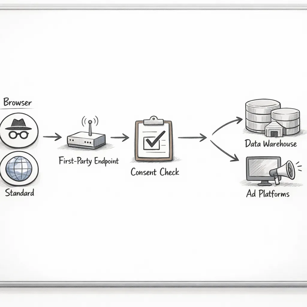 Whiteboard diagram showing server-side tagging flow with consent checks