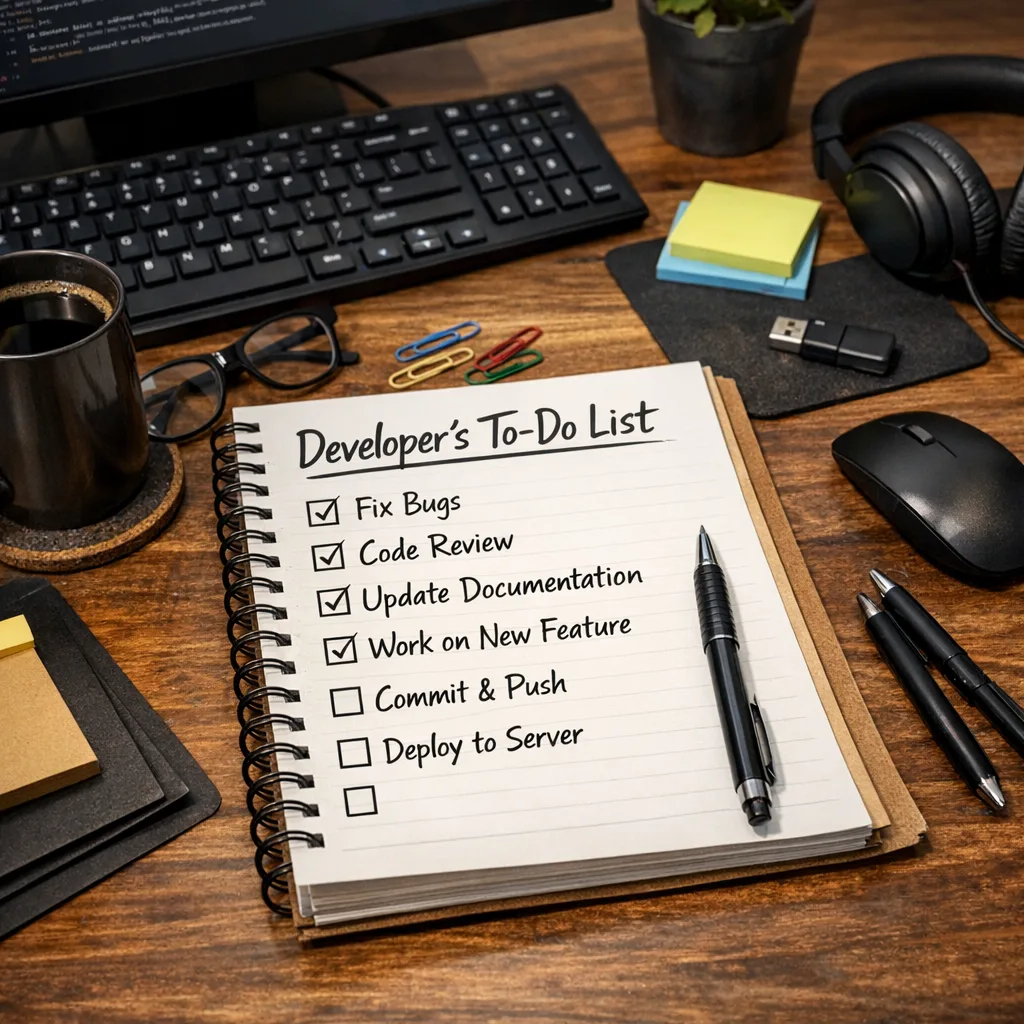 Desk with developer checklist for measurement tasks in Q1