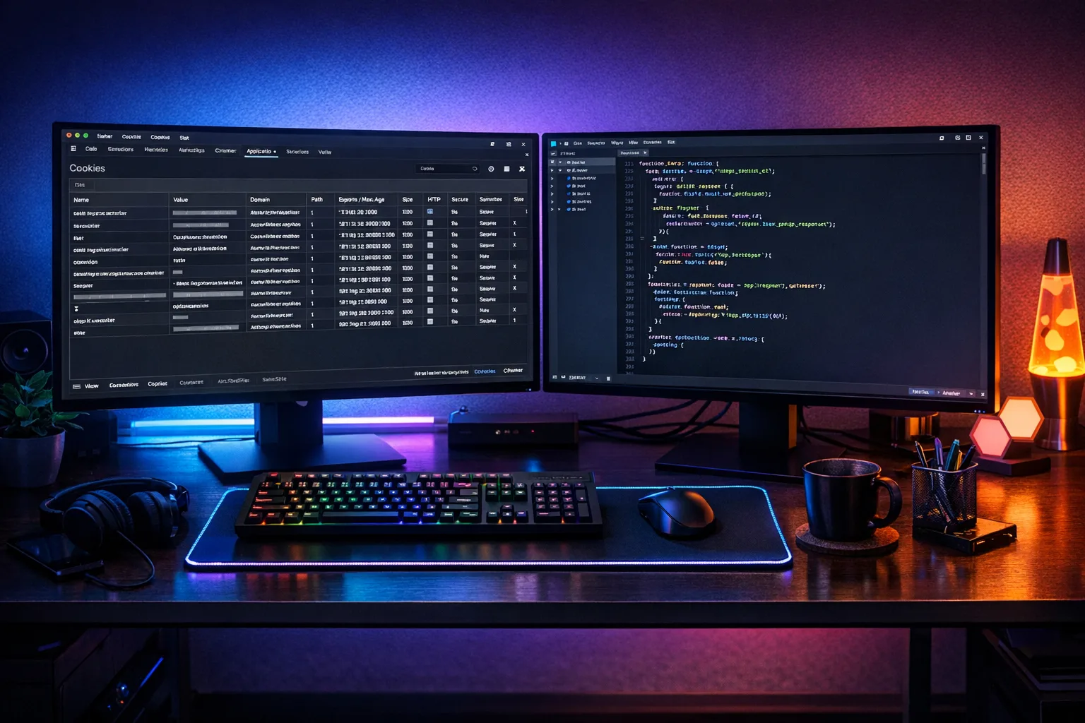 Developer desk with Chrome DevTools Cookies panel open