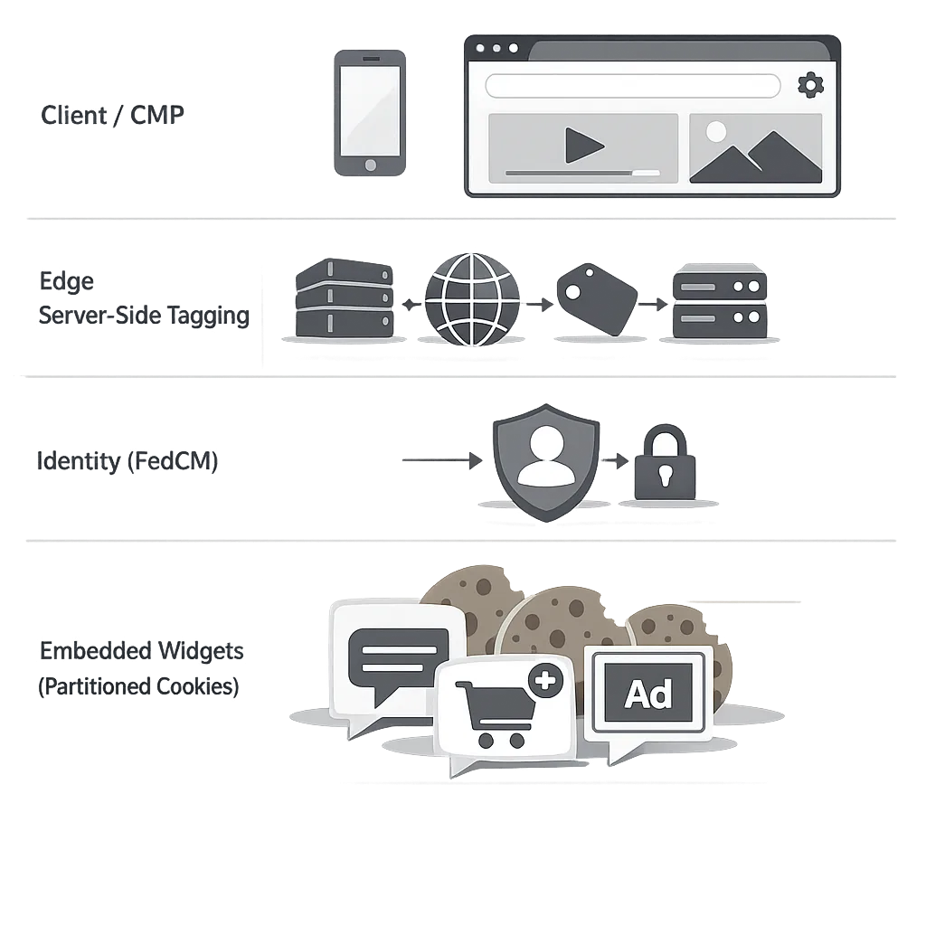 Schematic of a cross‑browser, consent‑first web architecture