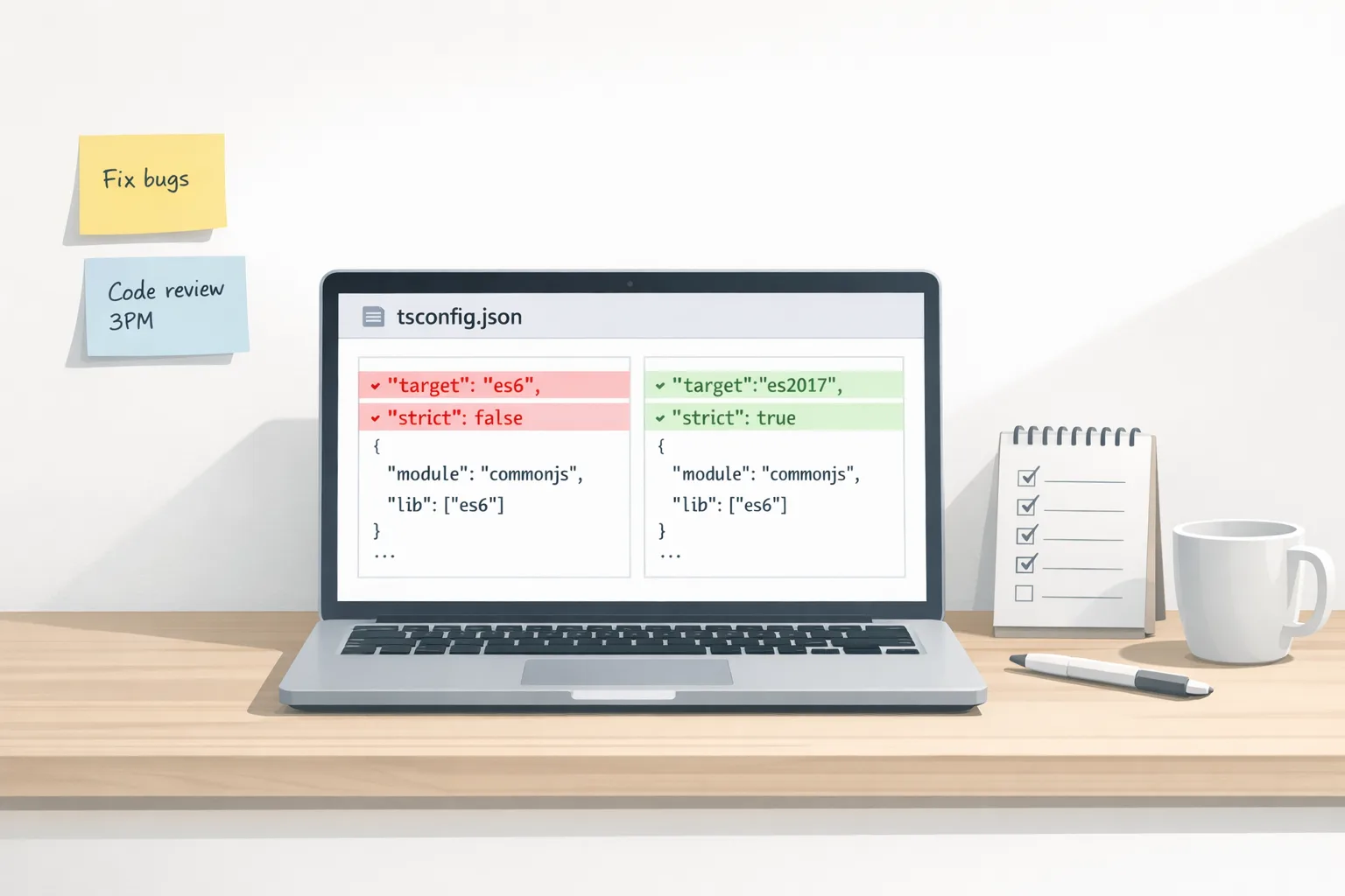 Illustration of a developer reviewing a tsconfig.json diff for TypeScript 6.0