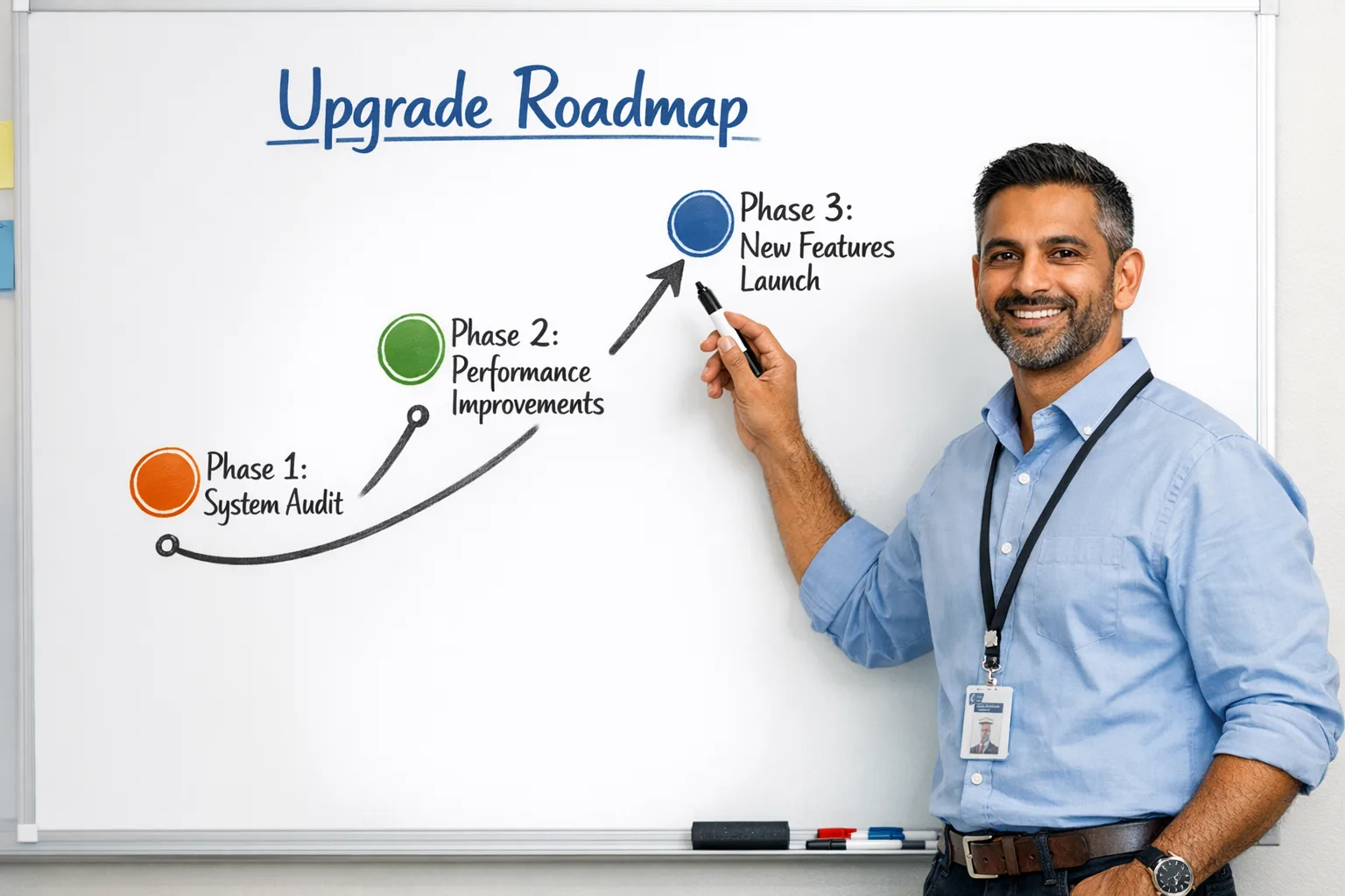 Engineering lead sharing an upgrade roadmap with three clear milestones