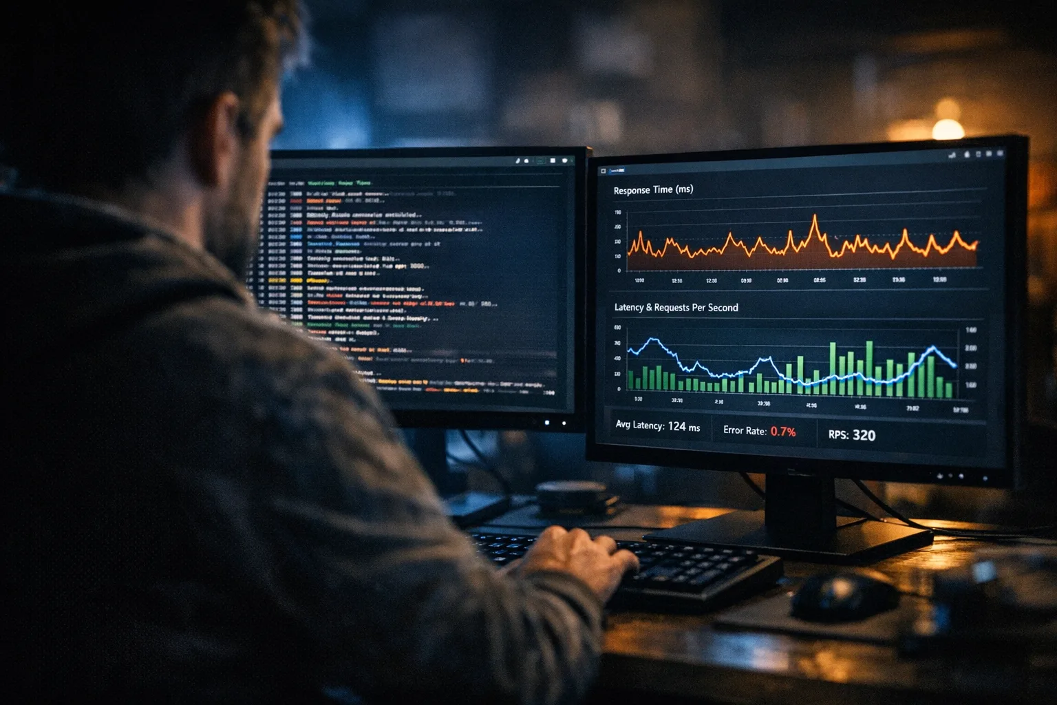 Engineer reviewing serverless function metrics on monitors