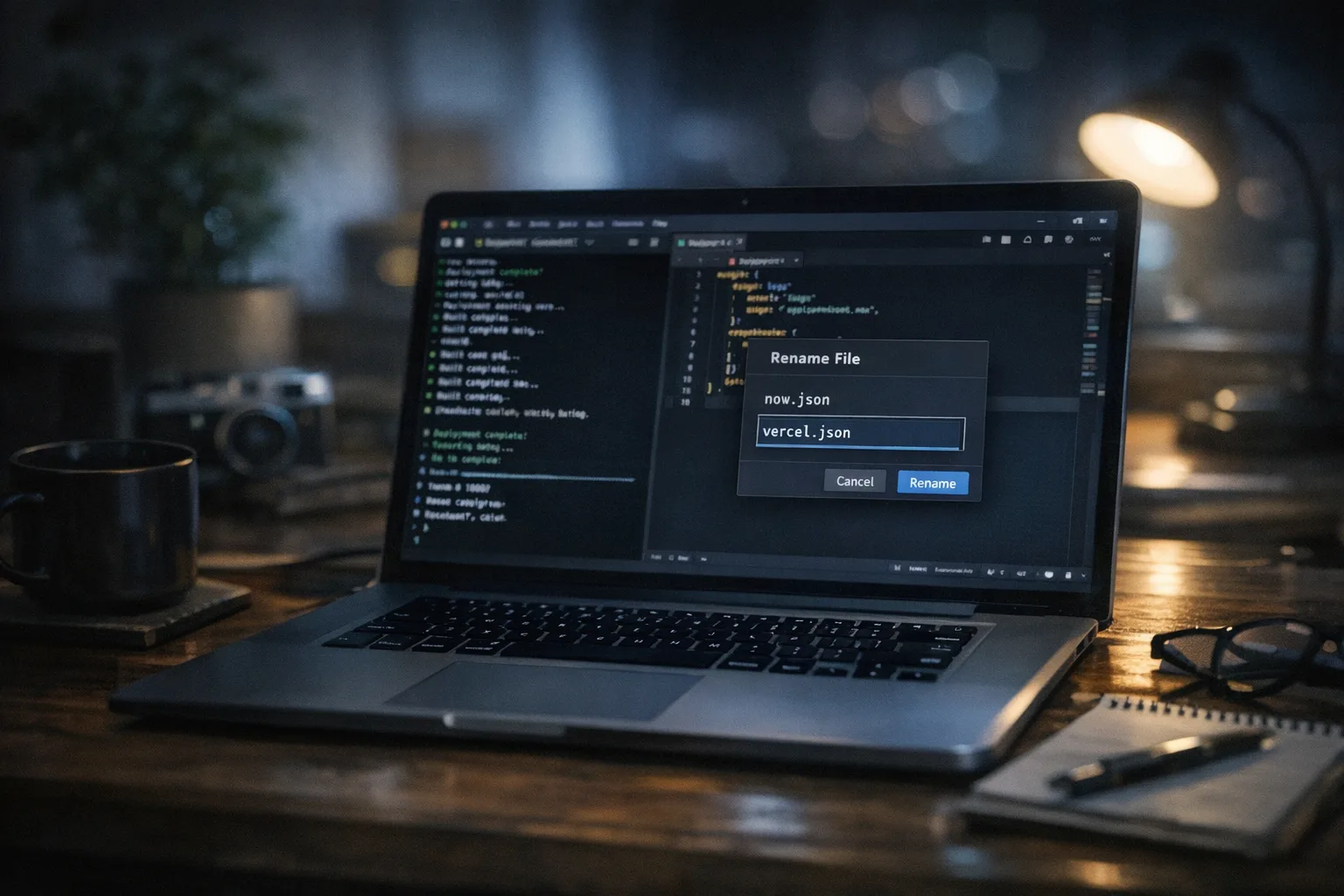 Renaming now.json to vercel.json in a terminal