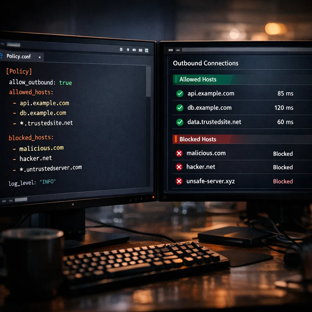 Terminal and policy view showing allowed and blocked egress hosts