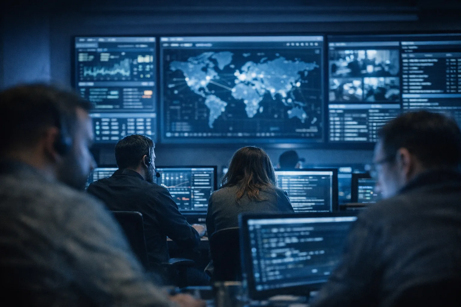 Incident response team analyzing dashboards during a late-night security review