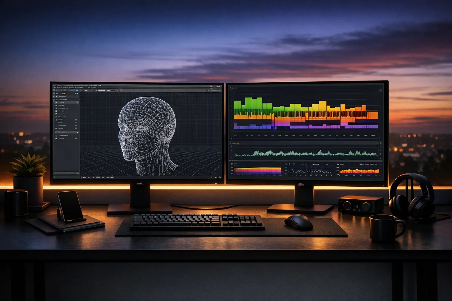 Developer desk with 3D scene and GPU profiler timeline on screens