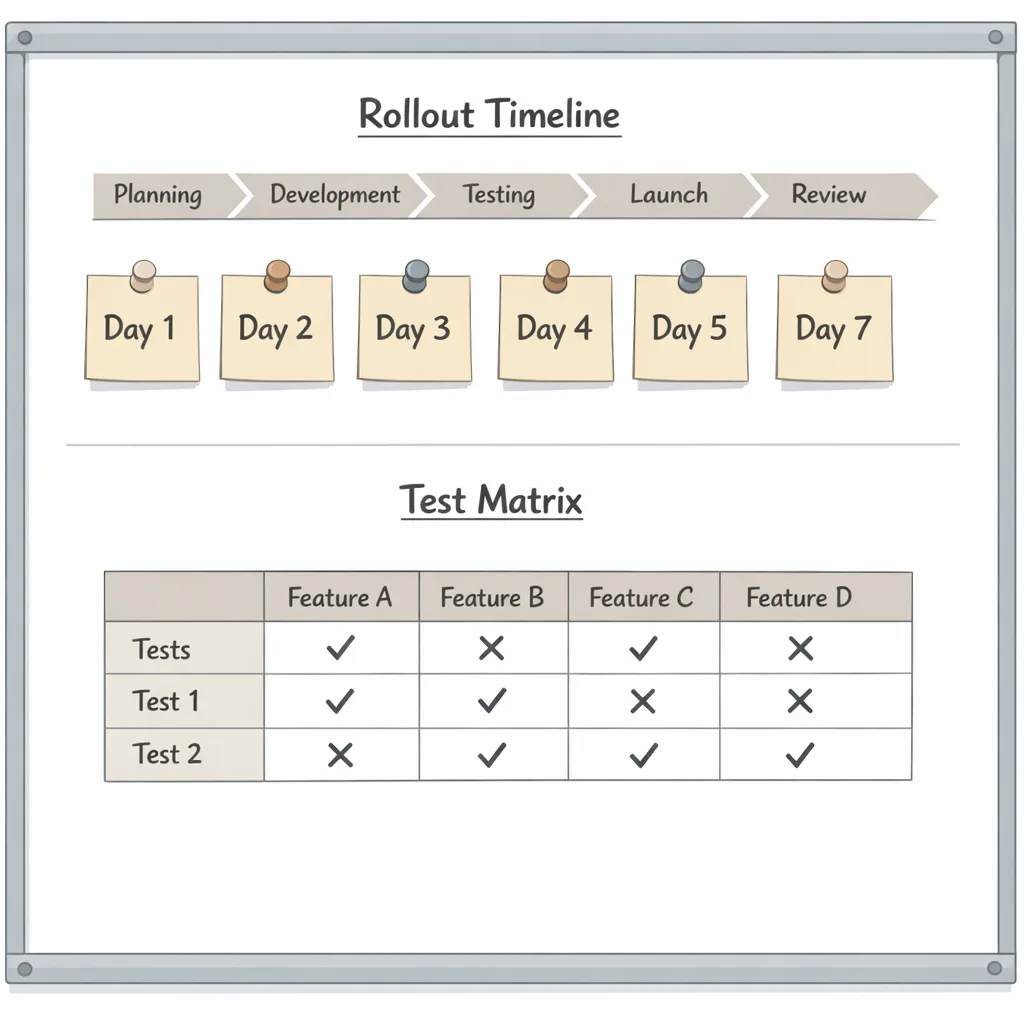 Illustrated rollout timeline and test matrix