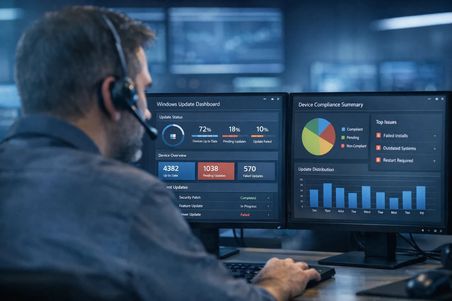 IT admin reviewing Windows update dashboard on dual monitors