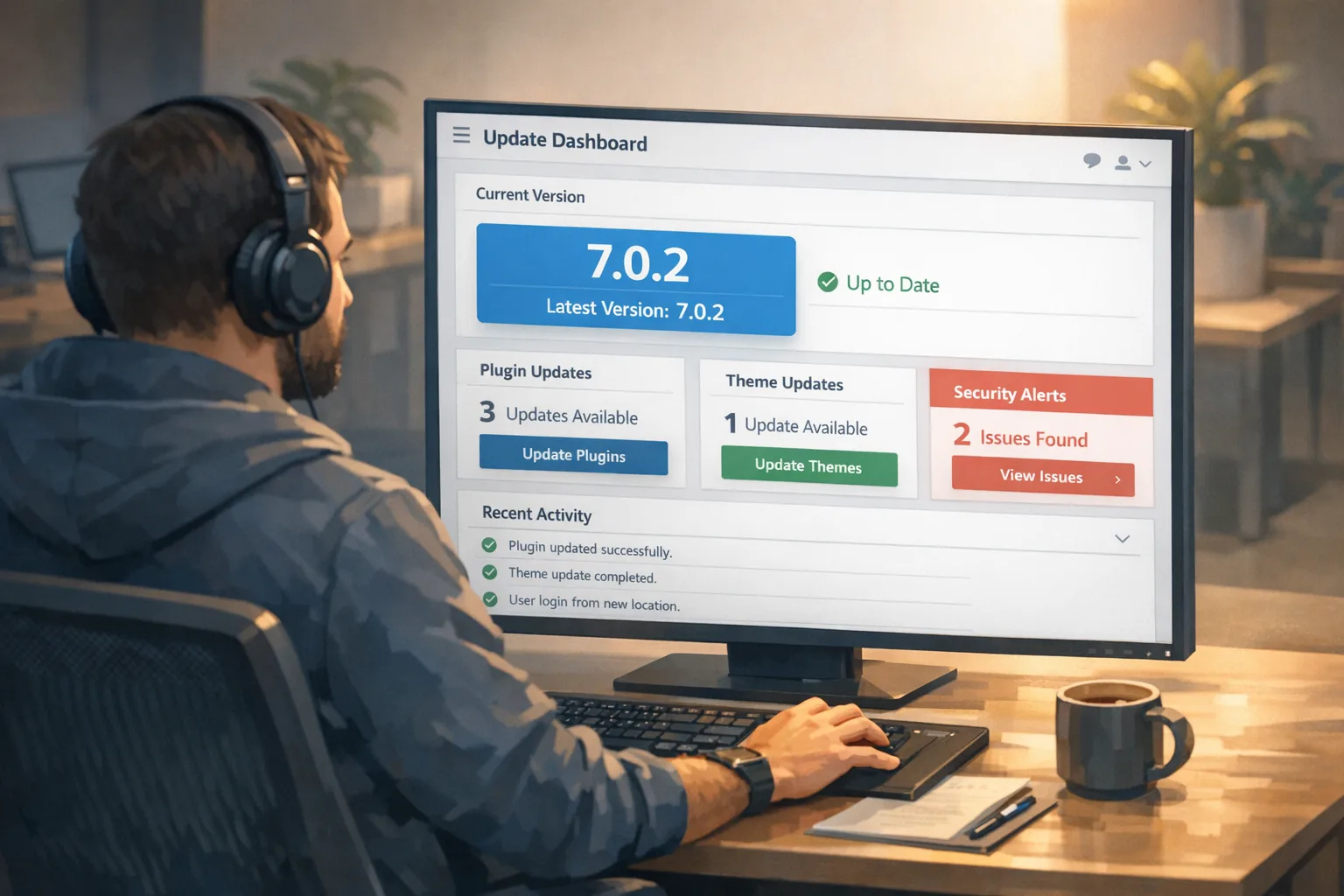 Engineer reviewing WordPress 7.0.2 security update on dashboard