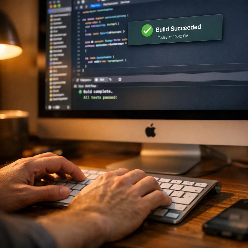 Developer achieving a green build in Xcode 26 on macOS