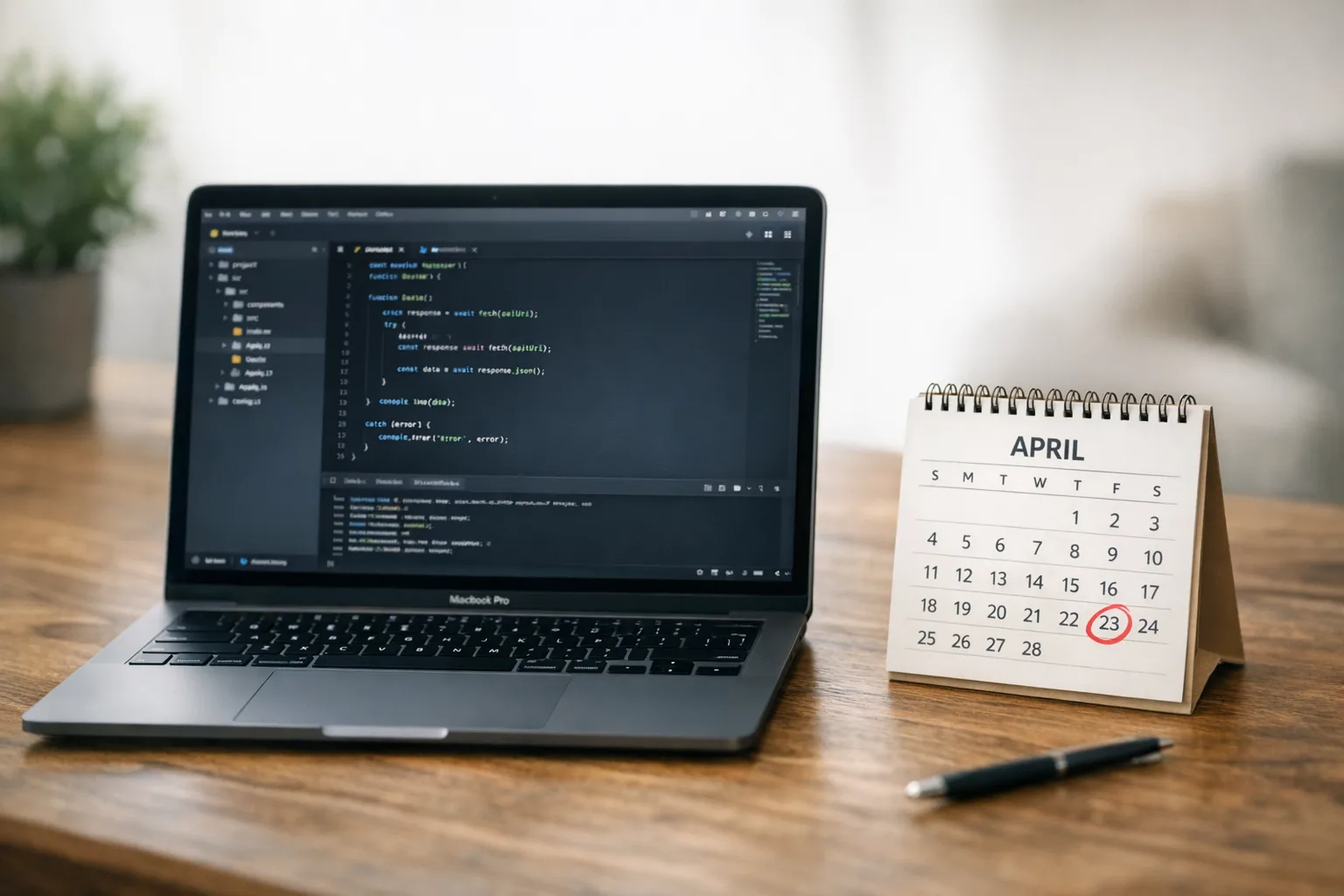 Developer desk with calendar highlighting April 28 submission deadline