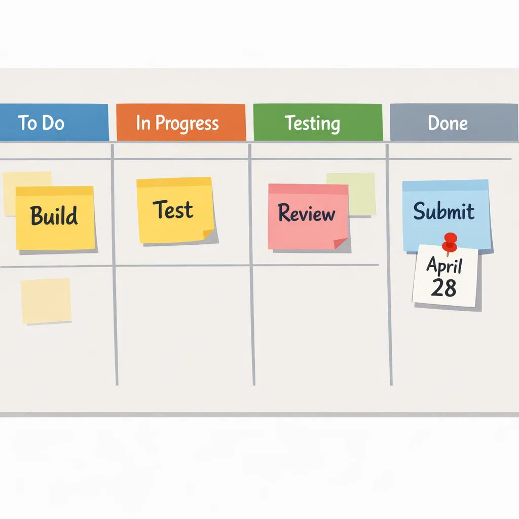 Kanban board illustration with tasks leading to an April 28 submission