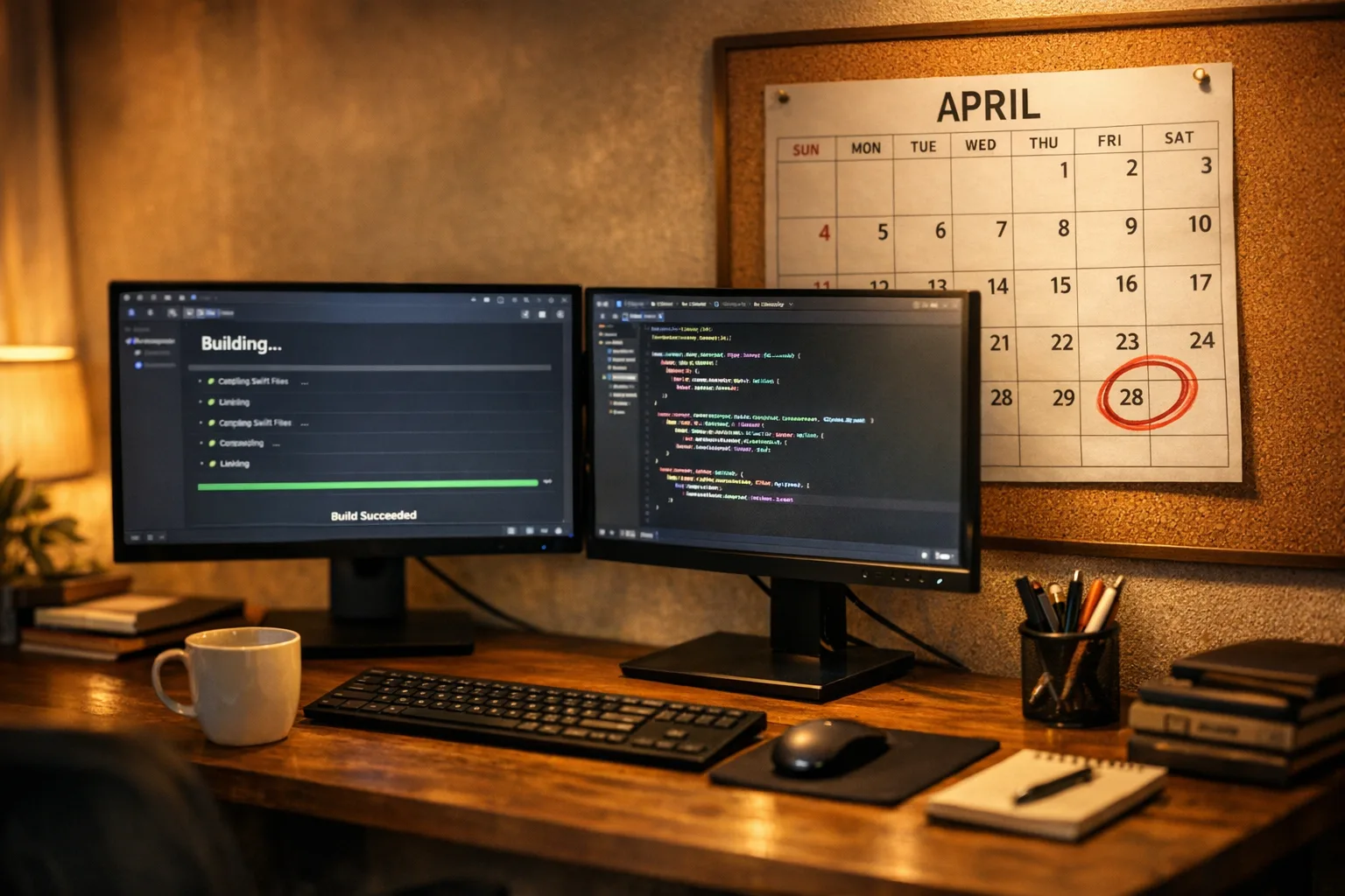 Developer desk with Xcode build and April 28 circled on a calendar