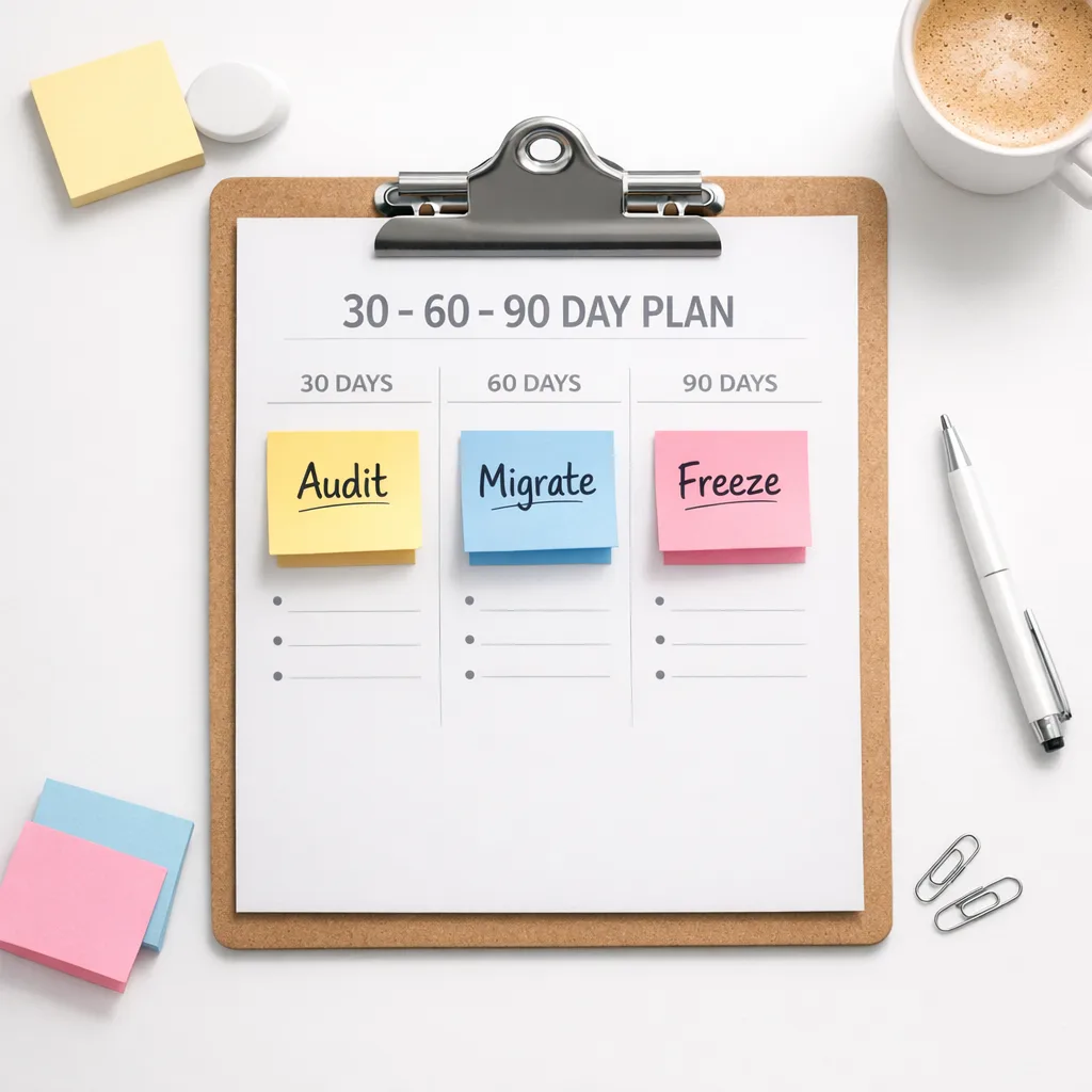 Illustration of a 30-60-90 day mobile release plan on a clipboard