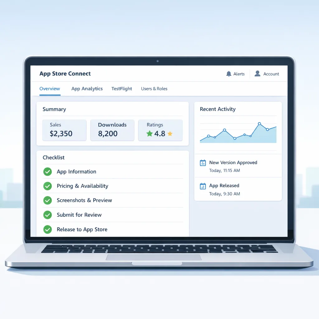 Illustration of App Store Connect dashboard with a completed submission checklist