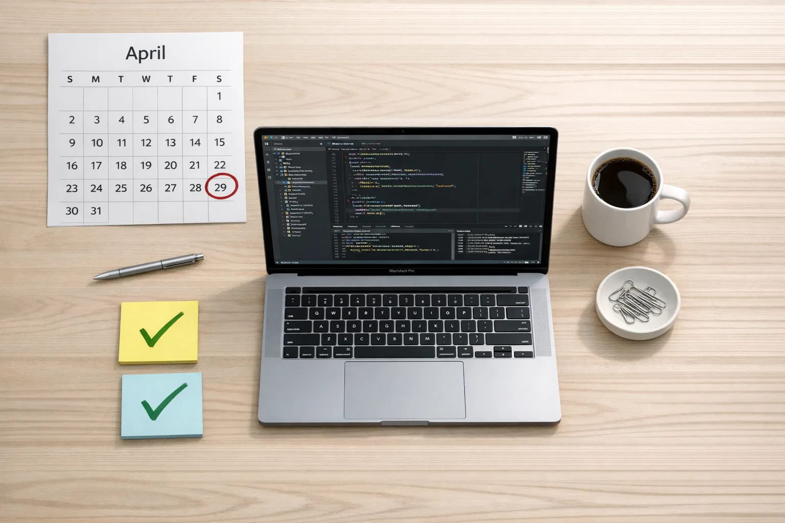 Developer desk with Xcode open and April 28 deadline highlighted